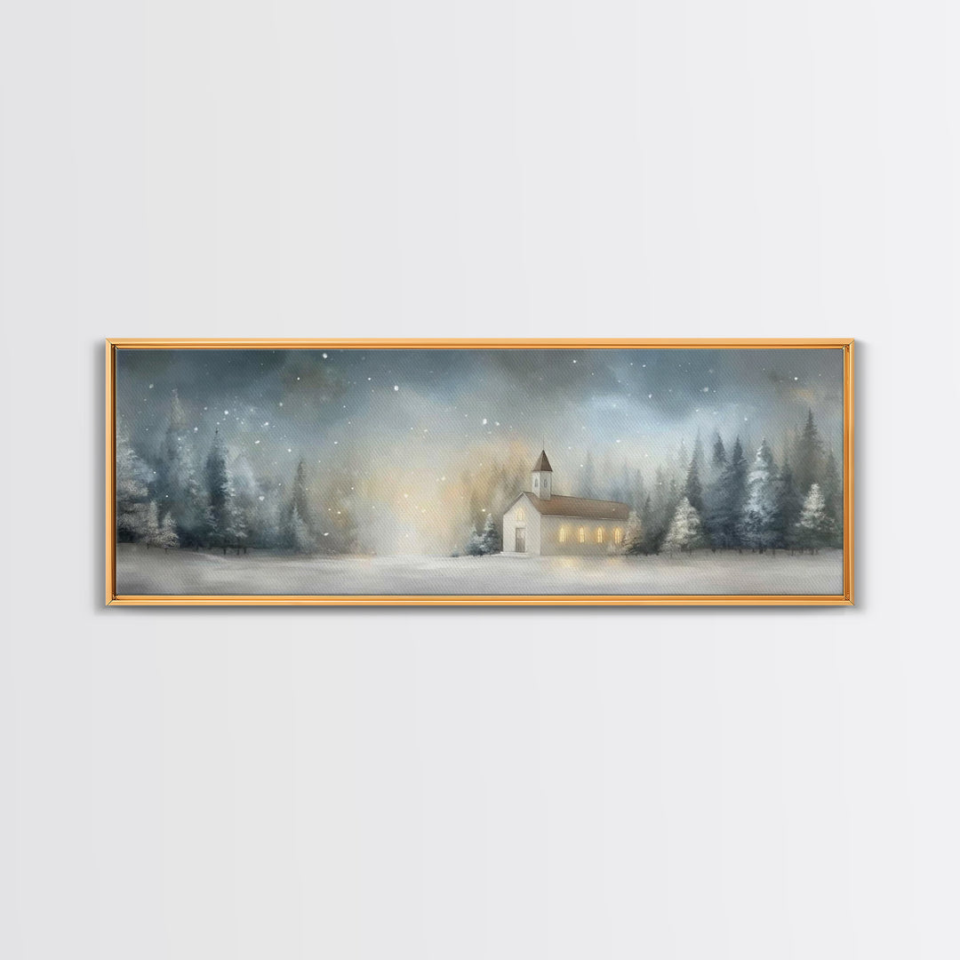 Winter Chapel Peace – Framed Canvas Print – Christian Wall Art – Panoramic Print – Christmas Art – Modern Christian Art – Christian Gift Id