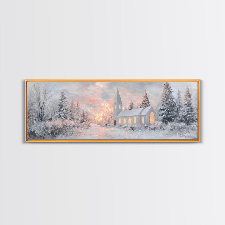 Radiant Winter Church, Framed Canvas Print, Christmas Wall Art, Christian Art Canvas, Moody Christmas Art, Panoramic Wall Art, Christian De