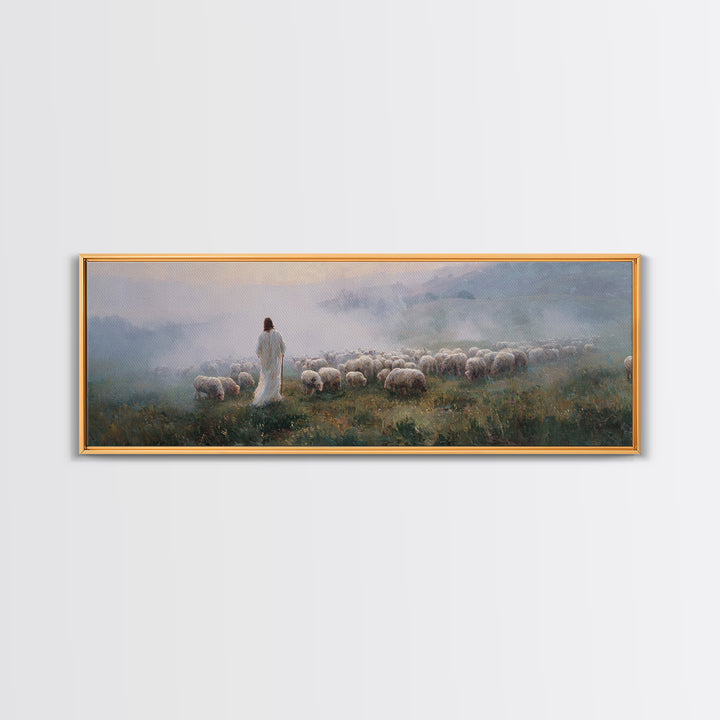 Morning Shepherd Peace, Framed Canvas Print, Jesus Painting, Christian Art Canvas, Pastoral Christian Art, Panoramic Art, Christian Gift Id
