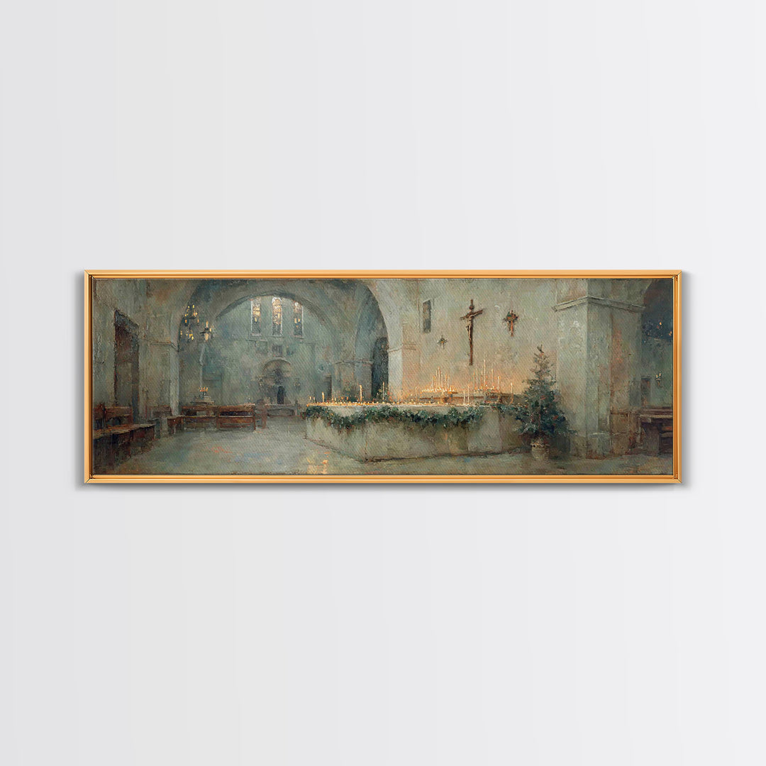 Glowing Chapel Stillness, Framed Canvas Print, Christmas Art Prints, Christian Wall Art, Panoramic Art, Christian Art Canvas, Christian Chr