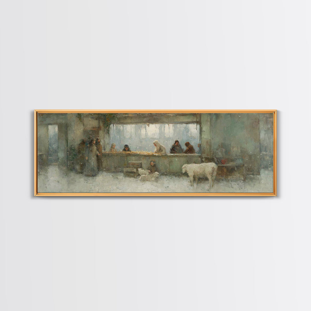 Silent Stable Light – Framed Canvas Print – Panoramic Art – Christian Wall Art – Christian Art Canvas – Christmas Art – Jesus Painting – Ch