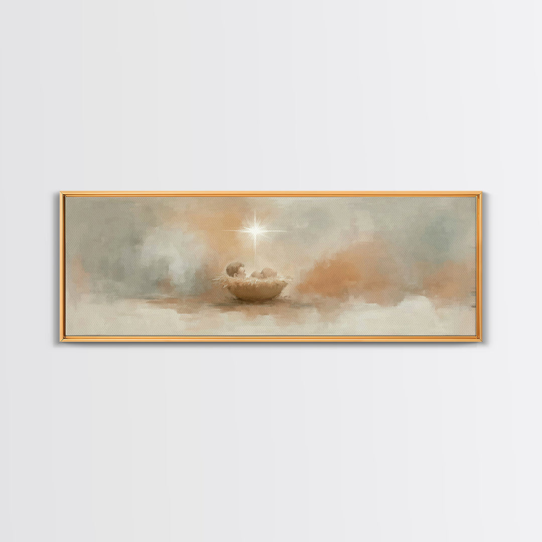 Little Holy Cradle, Framed Canvas Print, Panoramic Painting, Christian Art Canvas, Christian Wall Art, Christmas Art, Christian Christmas A