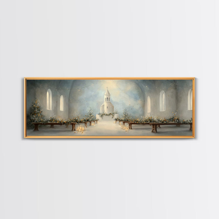 Quiet Church Reverence | Framed Canvas Print | Christian Art | Christmas Wall Art | Panoramic Painting | Christian Art Work | Christian Chr