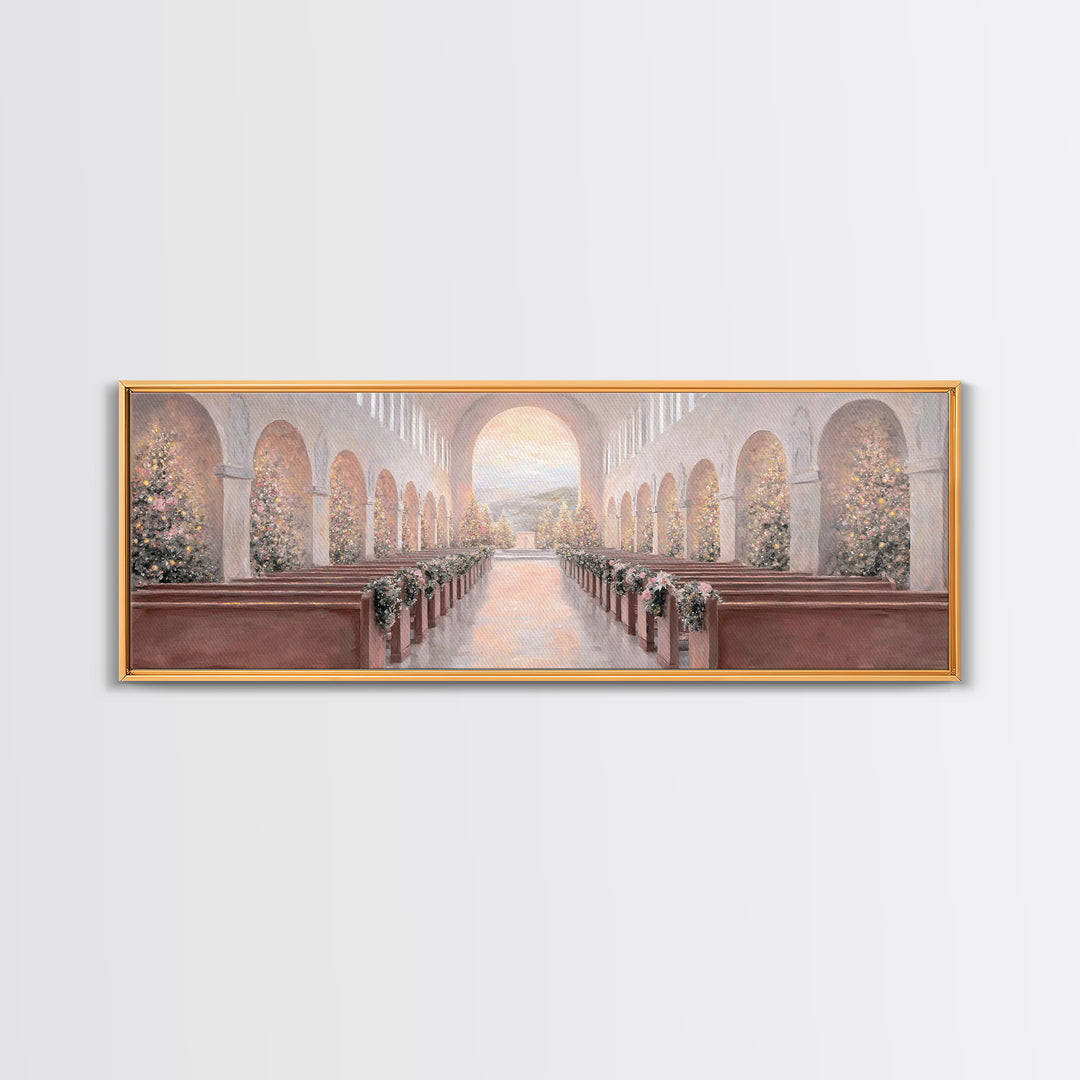 Winter Chapel Radiance, Framed Canvas Print, Christian Wall Art, Christian Art Canvas, Panoramic Art, Christmas Art, Christian Christmas De