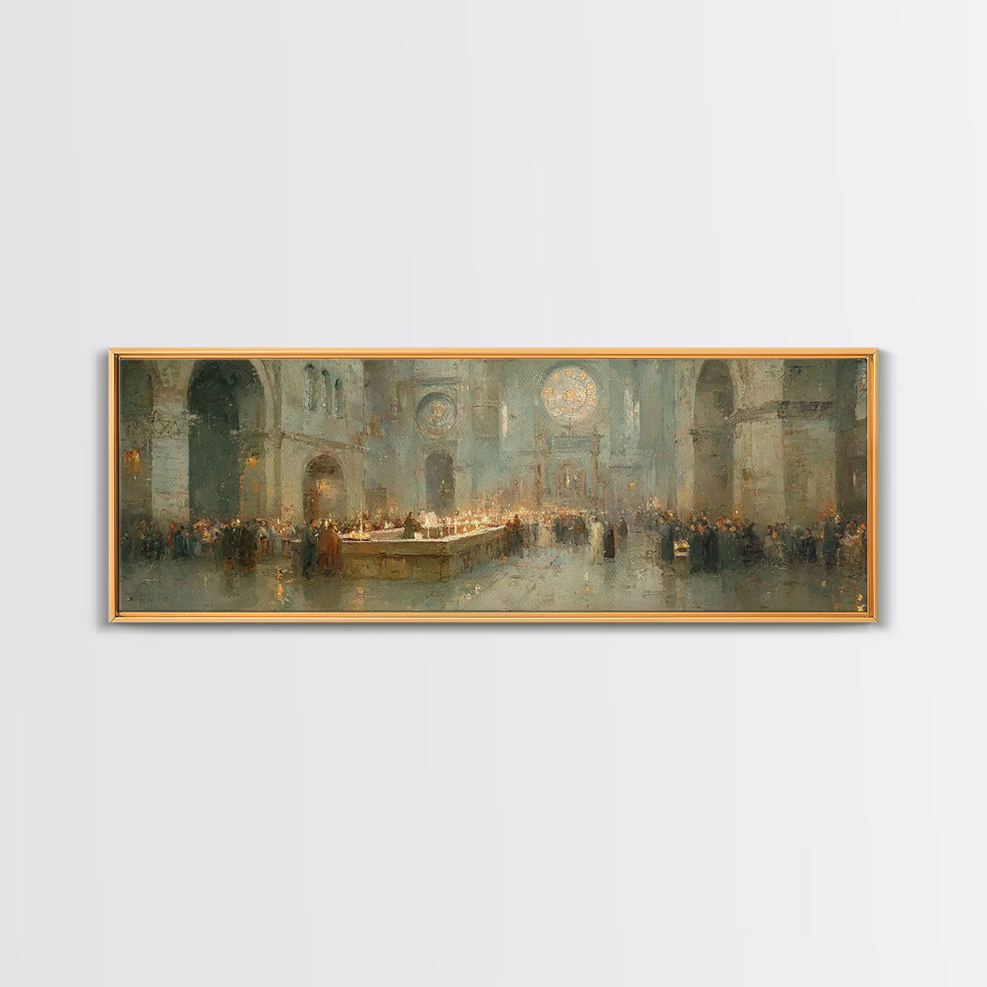 Gathered In Worship – Framed Canvas Print – Christian Wall Art – Panoramic Frame – Christmas Art – Christian Art Canvas – Christian Christm