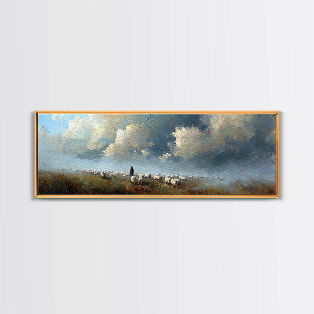 Morning Shepherd Light, Framed Canvas Print, Christian Wall Art, Panoramic Art, Jesus Painting, Modern Christian Art, Christmas Wall Art