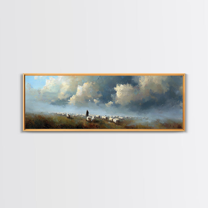 Morning Shepherd Light, Framed Canvas Print, Christian Wall Art, Panoramic Art, Jesus Painting, Modern Christian Art, Christmas Wall Art