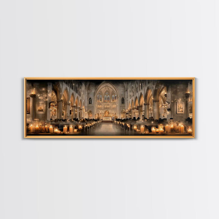 Cathedral Candle Vigil – Framed Canvas Print – Christian Wall Art – Panoramic Painting – Christian Christmas Art – Christian Art Canvas – C