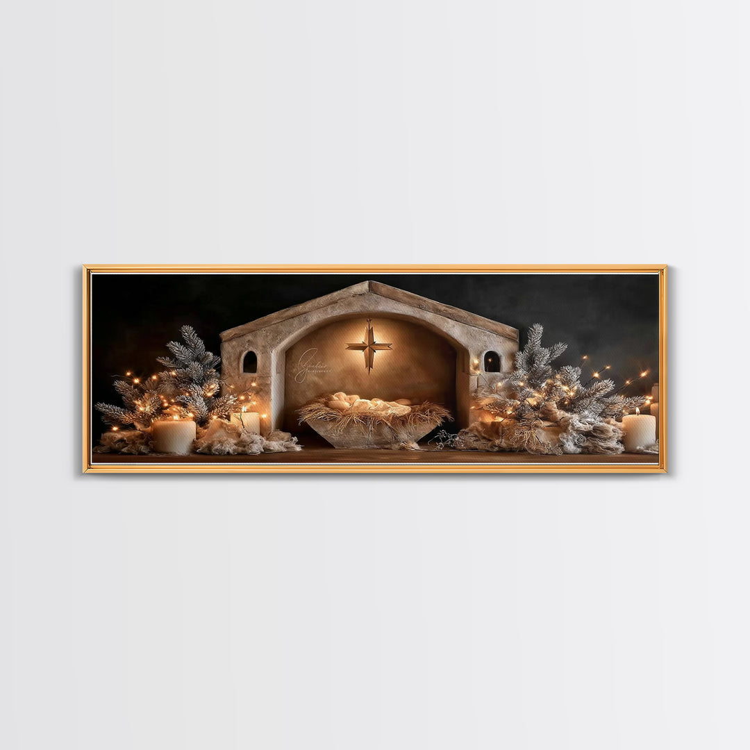 Holy Night Glow – Framed Canvas Print – Christian Wall Art – Panoramic Art – Christian Christmas Art – Christian Art Canvas – Christmas Art