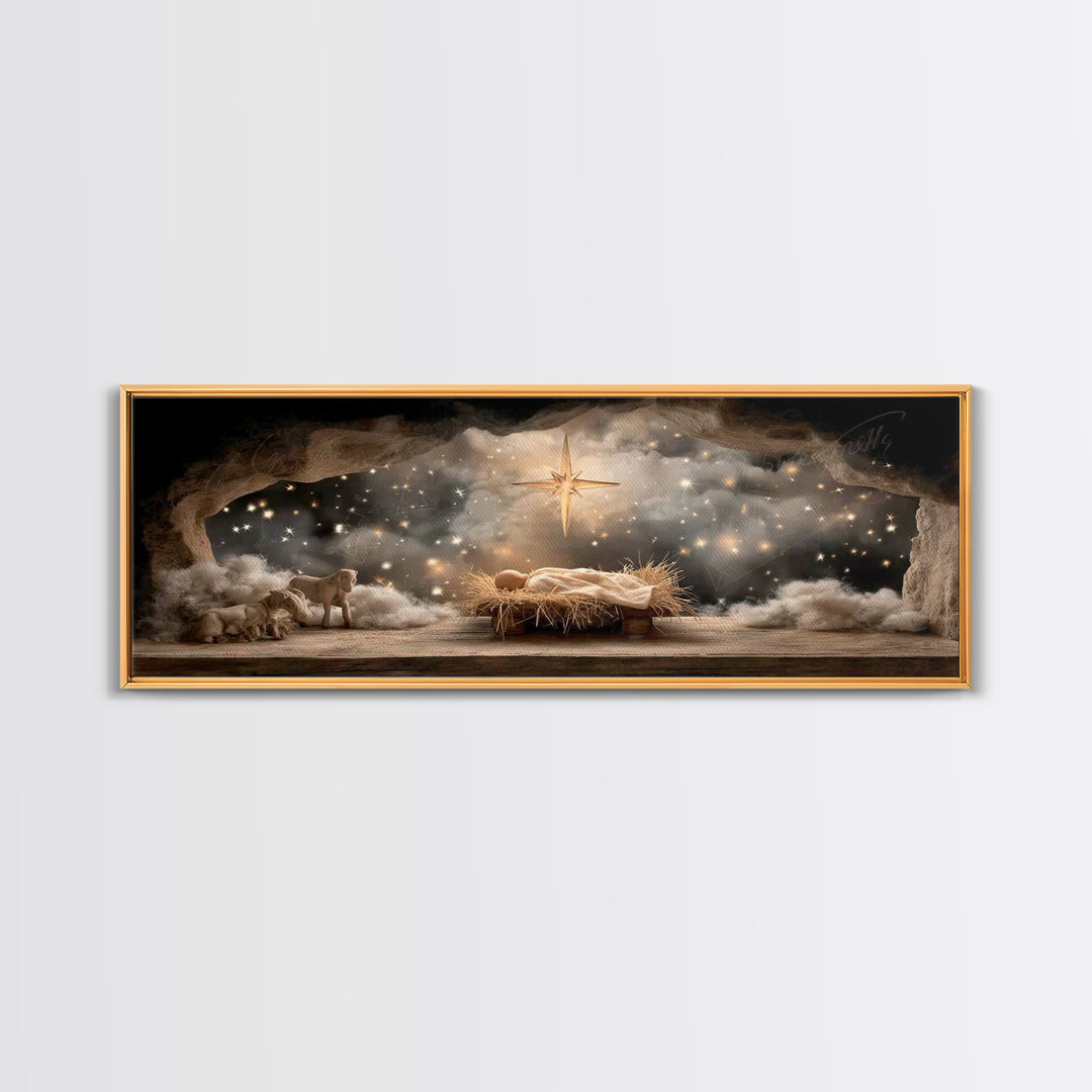 Star Of Bethlehem | Framed Canvas Print | Christmas Art | Panoramic Wall Art | Jesus Christmas Art | Christian Wall Art | Christian Art Can