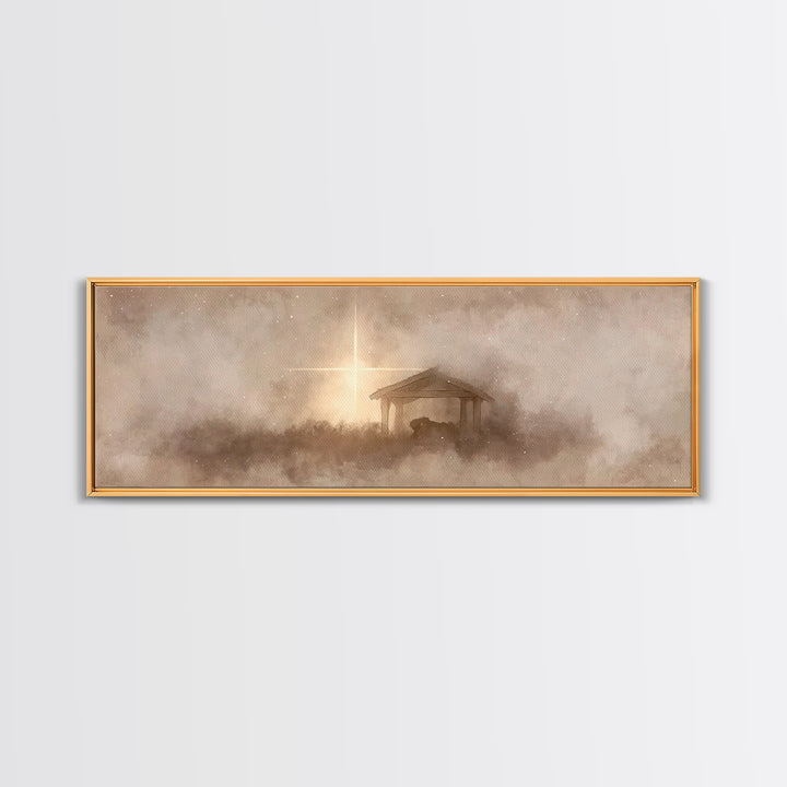 Silent Manger Light, Framed Canvas Print, Christian Christmas Art, Panoramic Art, Christian Wall Art, Christmas Canvas Wall Art, Christian