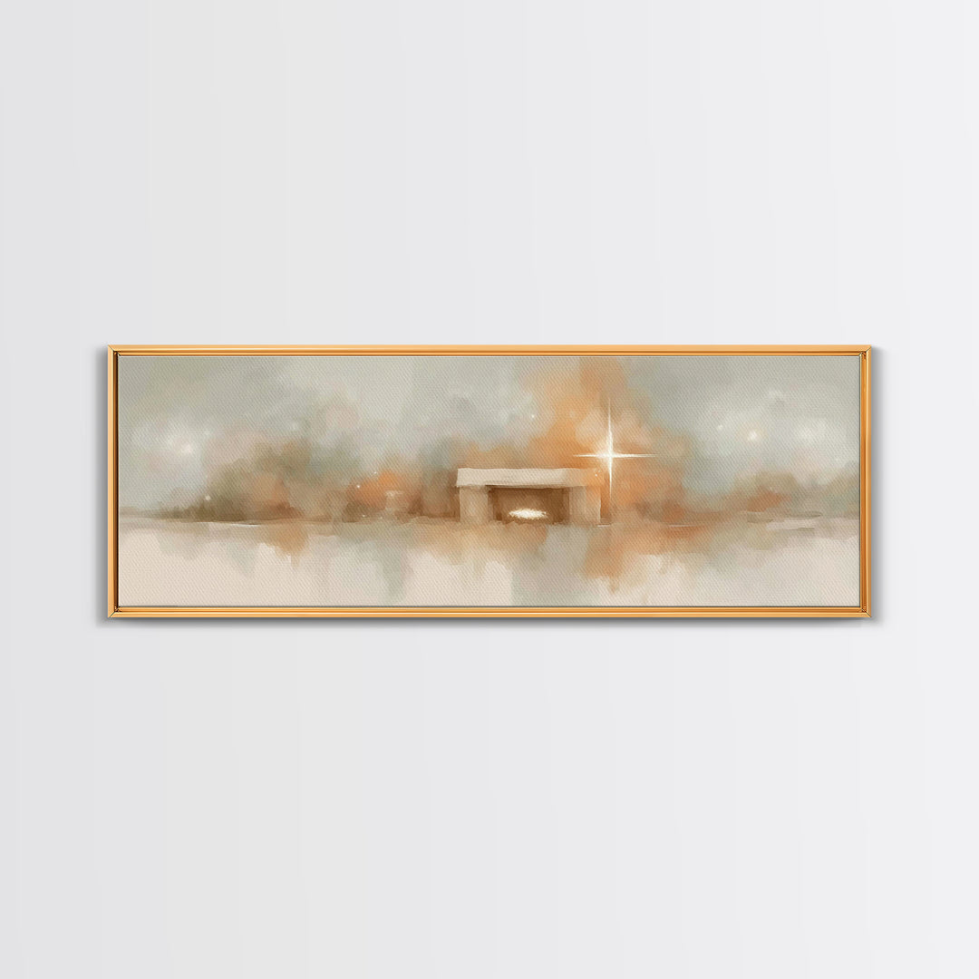 Humble Nativity | Framed Canvas Print | Christian Wall Art | Panoramic Print | Christmas Art | Jesus Christmas Art | Christian Art Print
