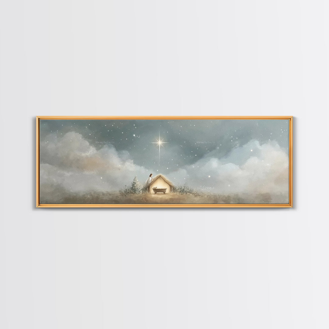 Manger Serenity, Framed Canvas Print, Christmas Art, Panoramic Wall Art, Christian Art Canvas, Christian Christmas Decor, Christian Paintin