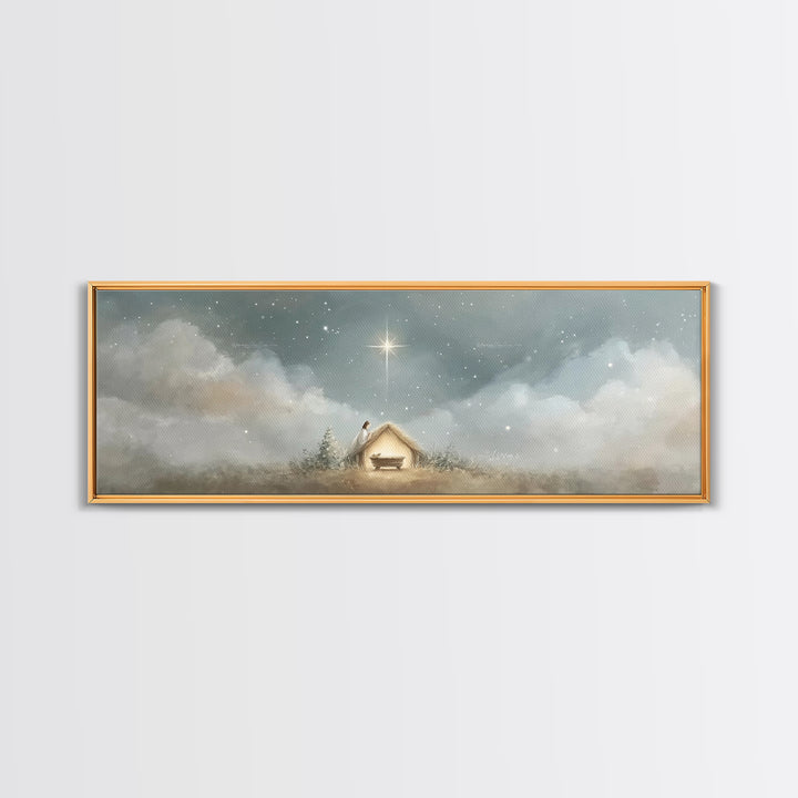 Manger Serenity, Framed Canvas Print, Christmas Art, Panoramic Wall Art, Christian Art Canvas, Christian Christmas Decor, Christian Paintin