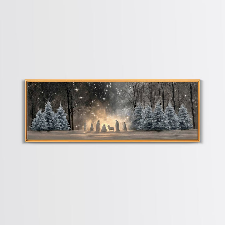 Midnight Nativity Glow – Framed Canvas Print – Christian Wall Art – Christian Art Canvas – Jesus Christmas Art – Panoramic Wall Art – Chris