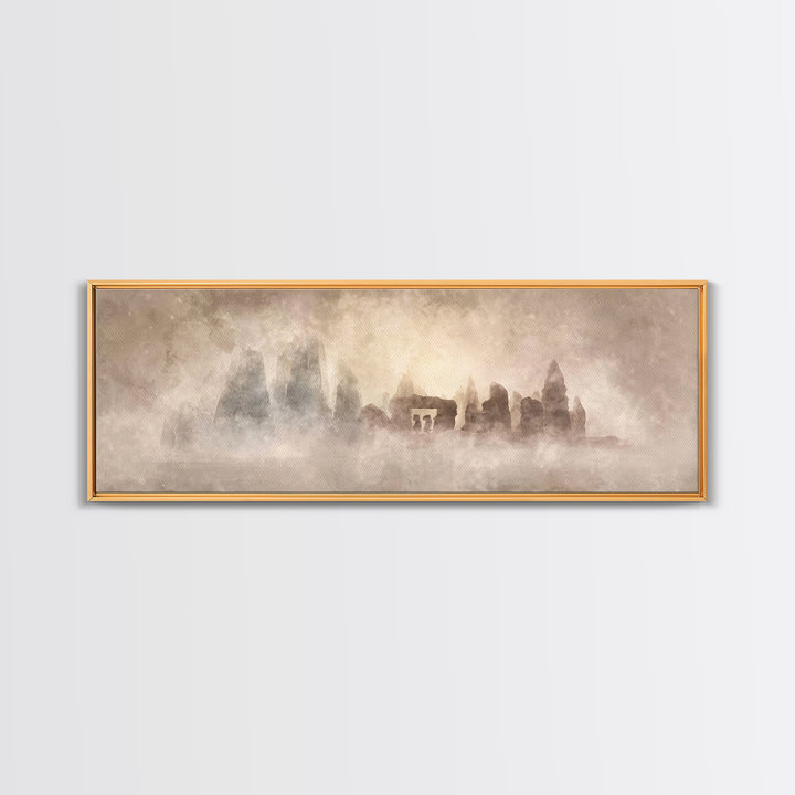 Misty Ancient Stones | Framed Canvas Print | Christian Art | Christian Painting | Minimalist Christian Art | Panoramic Art | Christian Wall