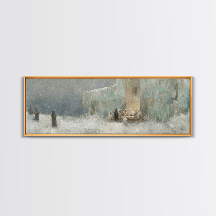 Winter Gathering Light, Framed Canvas Print, Christian Wall Art, Christian Art Canvas, Christmas Art Prints, Panoramic Painting, Christian