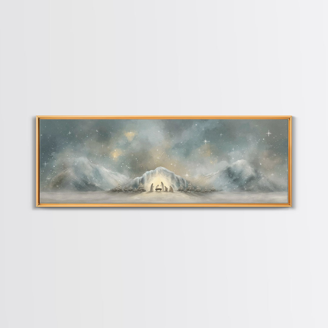 Starry Mountain Birth – Framed Canvas Print – Christian Christmas Art – Christian Art Canvas – Jesus Painting – Panoramic Frame – Christian