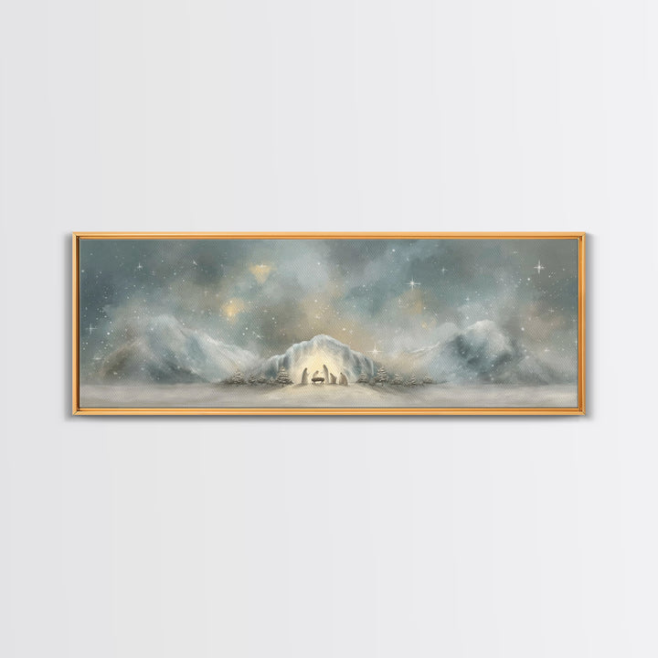 Starry Mountain Birth – Framed Canvas Print – Christian Christmas Art – Christian Art Canvas – Jesus Painting – Panoramic Frame – Christian