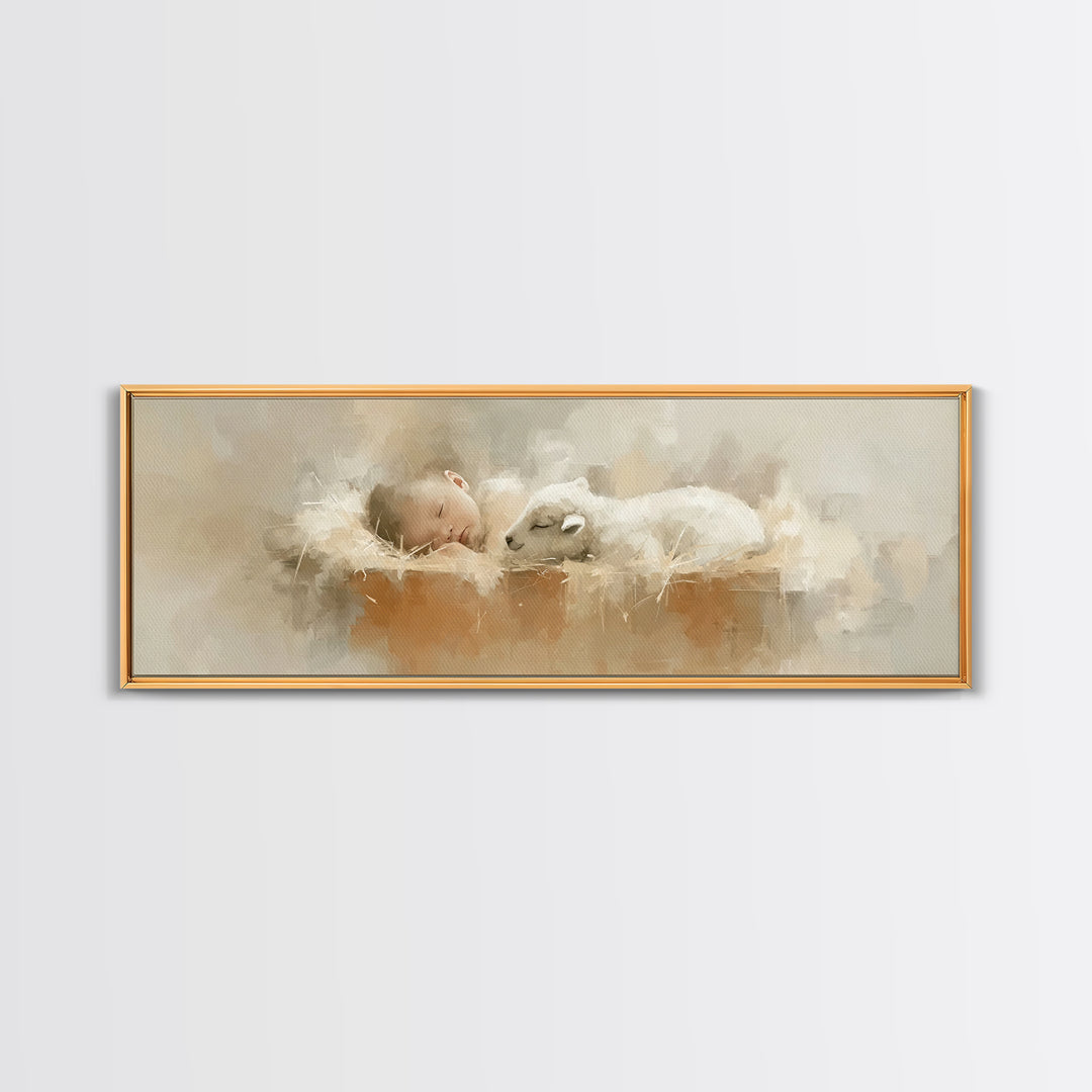 Innocent Manger Dream | Framed Canvas Print | Christian Art Canvas | Panoramic Art | Christmas Art Prints | Christian Wall Art | Christian