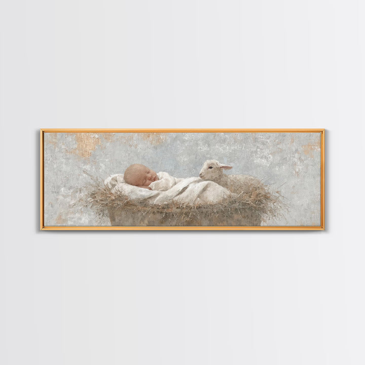 Tiny Manger Grace – Framed Canvas Print – Christmas Wall Art – Christian Art Canvas – Panoramic Painting – Jesus Christmas Art – Christian