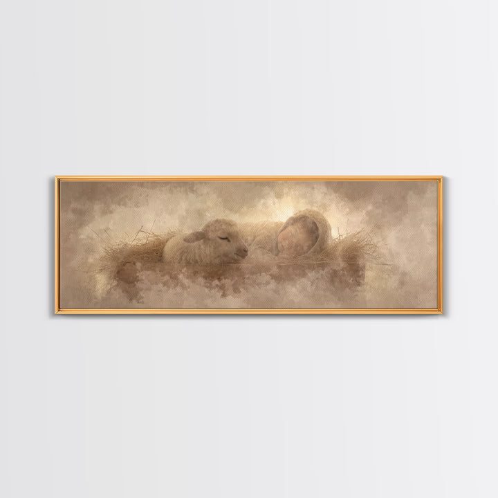 Sacred Cradle Light, Framed Canvas Print, Christian Christmas Art, Panoramic Wall Art, Christian Art Canvas, Jesus Art Print, Christian Wal