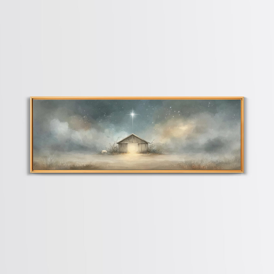 Starry Night Manger | Framed Canvas Print | Christian Wall Art | Panoramic Painting | Christmas Wall Art | Jesus Painting