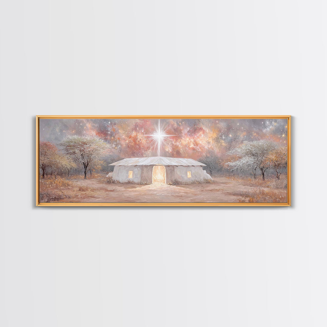 Bethlehem Dawn Glow, Framed Canvas Print, Christian Art, Panoramic Print, Christmas Art, Christian Wall Art, Jesus Painting