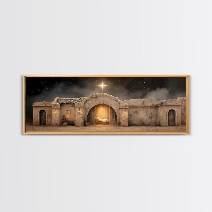 Radiant Stable Peace – Framed Canvas Print – Christian Wall Art – Panoramic Frame – Christmas Art – Christian Art Canvas – Jesus Painting