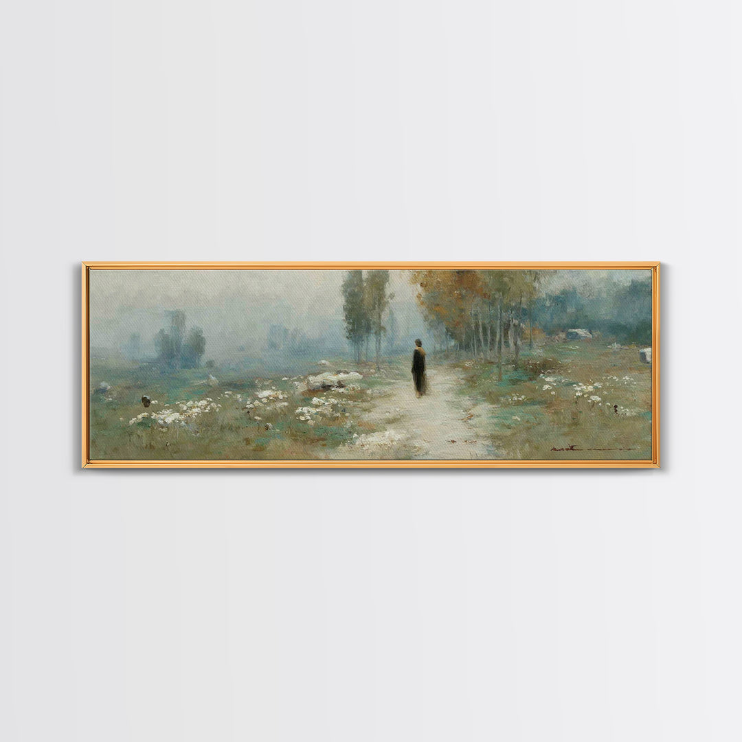 Misty Valley Walk, Framed Canvas Print, Christian Art Canvas, Panoramic Wall Art, Christian Art, Jesus Painting, Christmas Art