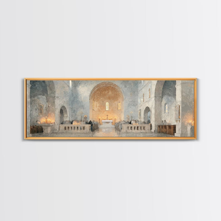 Starry Chapel Gathering, Framed Canvas Print, Panoramic Art, Christian Wall Art, Christian Art Canvas, Christmas Art Prints, Christian Chri