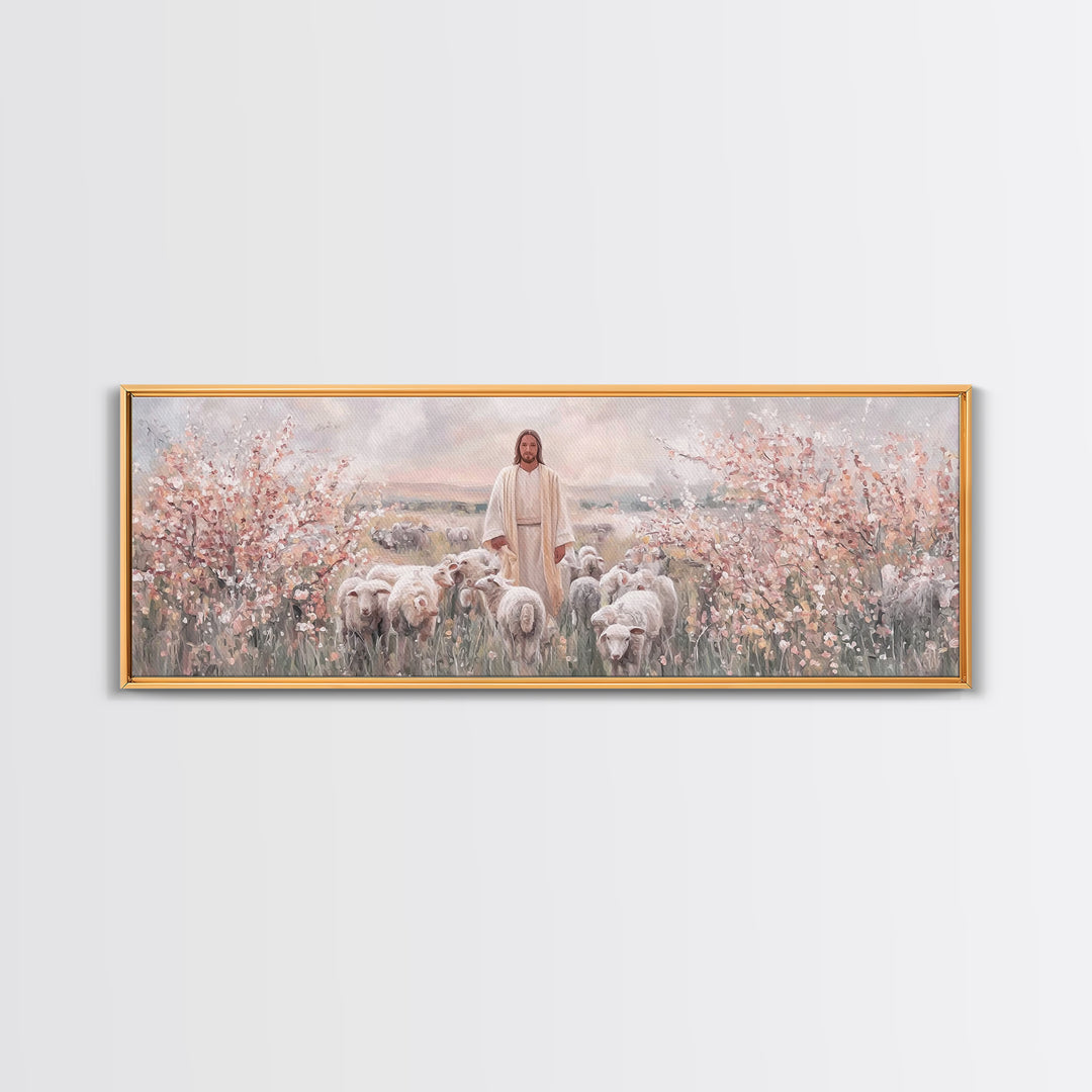 Shepherd Of Blossoms | Framed Canvas Print | Panoramic Art | Jesus Painting | Christian Art Canvas | Christian Christmas Art | Christian Wa