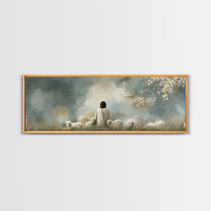 Peaceful Pasture Light – Framed Canvas Print – Panoramic Painting – Christian Art Canvas – Christian Wall Art – Jesus Painting – Christian