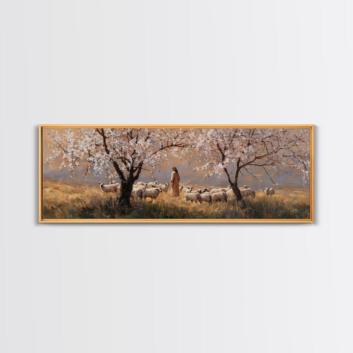 Shepherds In Bloom, Framed Canvas Print, Panoramic Wall Art, Christian Art Canvas, Jesus Painting, Christian Christmas Art, Christian Wall