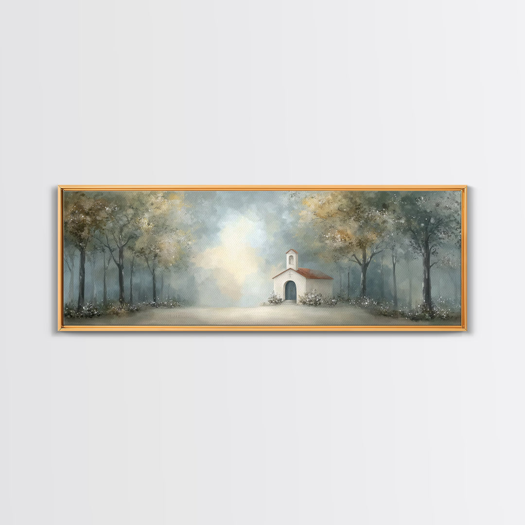 Forest Chapel Peace, Framed Canvas Print, Panoramic Art, Christian Art Canvas, Christian Wall Art, Christian Christmas Art, Christian Paint