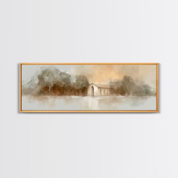 Soft Morning Chapel | Framed Canvas Print | Panoramic Wall Art | Christian Art Canvas | Christian Painting | Christian Christmas Art | Chri