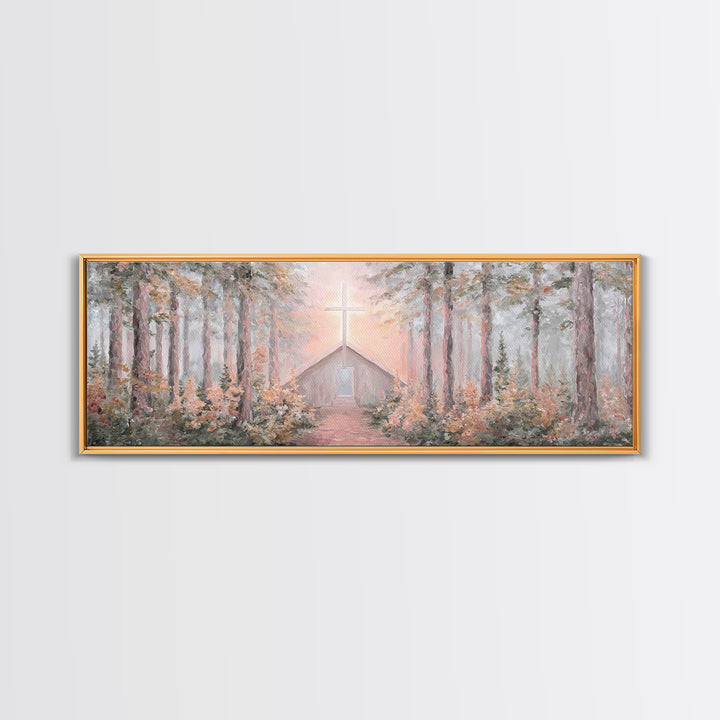 Woodland Cross Glow – Framed Canvas Print – Panoramic Painting – Christian Art Canvas – Christian Wall Art – Christian Christmas Art – Chri