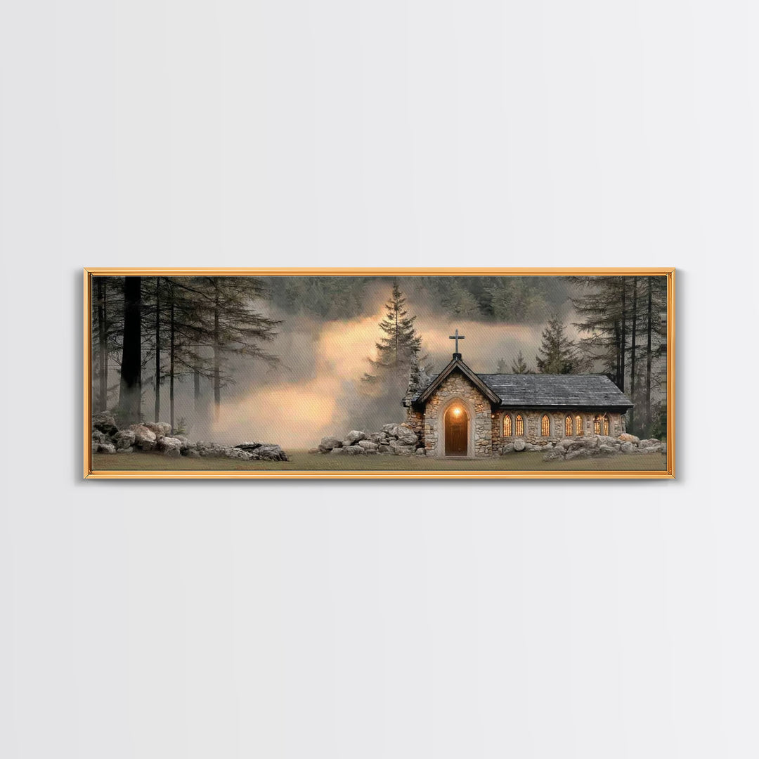 Chapel In The Pines | Framed Canvas Print | Panoramic Frame | Christian Wall Art | Christian Christmas Art | Christian Art Canvas | Christi
