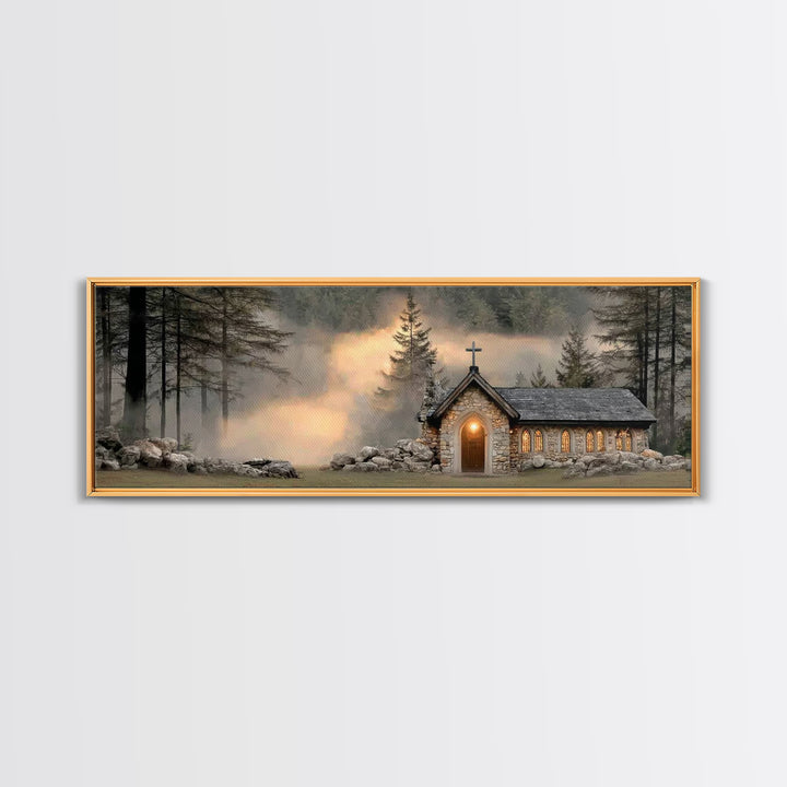 Chapel In The Pines | Framed Canvas Print | Panoramic Frame | Christian Wall Art | Christian Christmas Art | Christian Art Canvas | Christi
