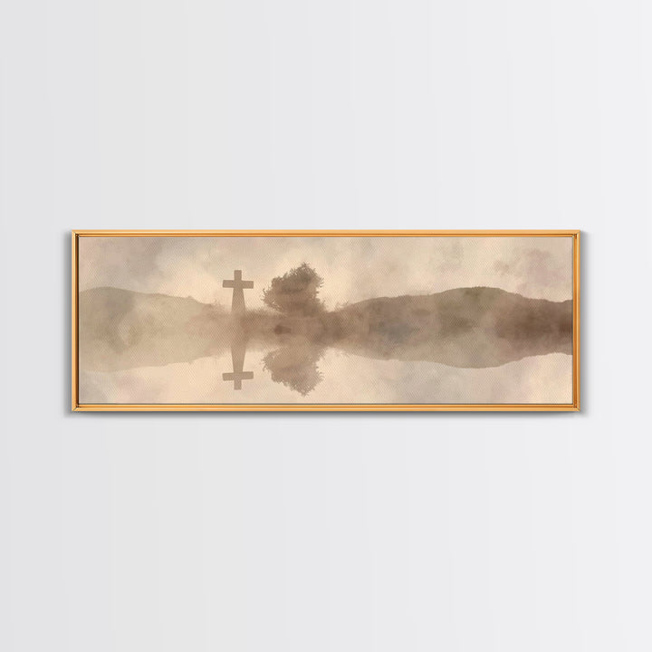 Misty Cross Reflections – Framed Canvas Print – Christian Wall Art – Panoramic Art – Christian Art Canvas – Jesus Painting – Christian Gift