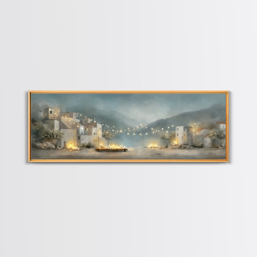 Starlit Village Peace, Framed Canvas Print, Christian Wall Art, Panoramic Art, Christian Christmas Art, Christian Art Print, Christian Deco