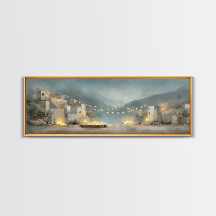 Starlit Village Peace, Framed Canvas Print, Christian Wall Art, Panoramic Art, Christian Christmas Art, Christian Art Print, Christian Deco