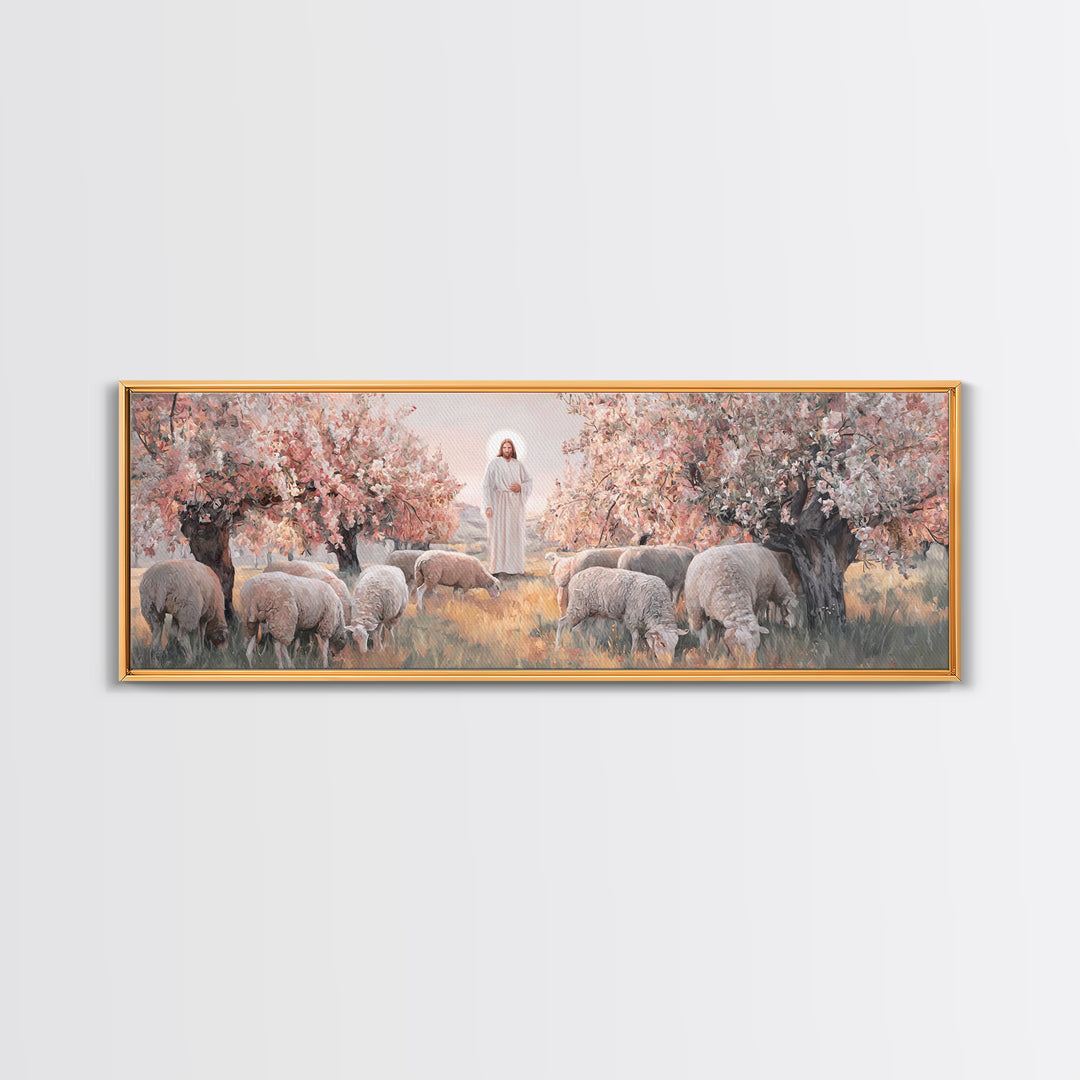Peaceful Flock Dawn, Framed Canvas Print, Christian Art Print, Panoramic Art, Christmas Art, Christian Wall Art, Jesus Canvas Art