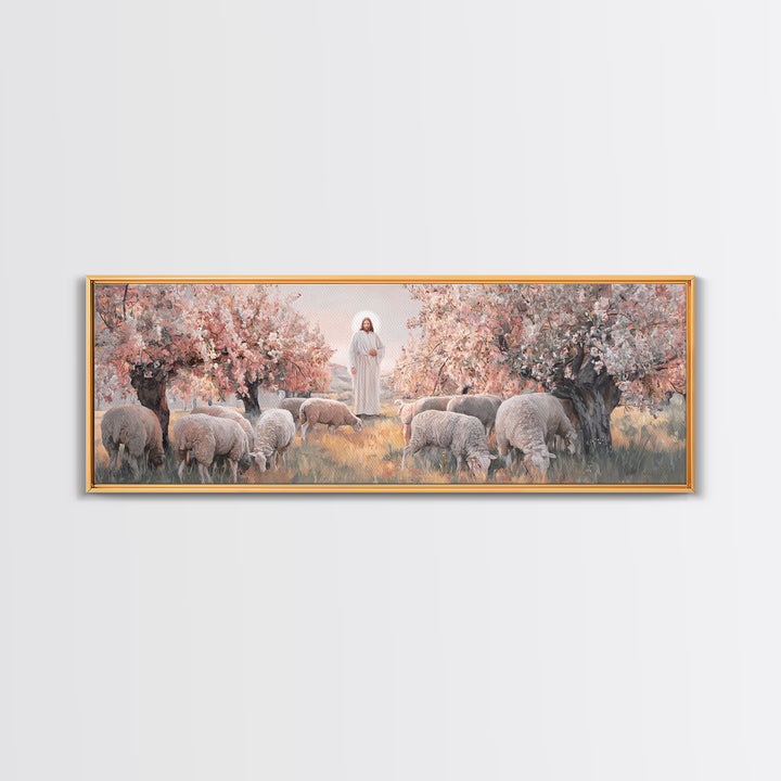 Peaceful Flock Dawn, Framed Canvas Print, Christian Art Print, Panoramic Art, Christmas Art, Christian Wall Art, Jesus Canvas Art