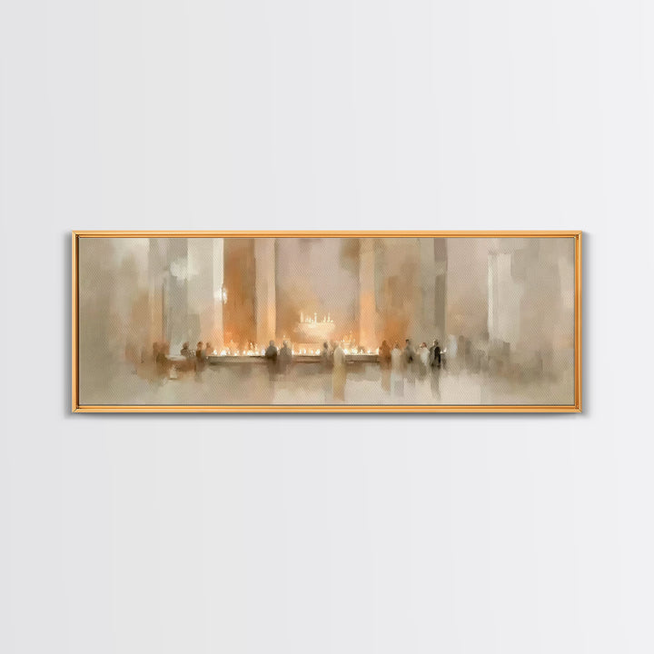 Sacred Candle Gathering | Framed Canvas Print | Christian Wall Art | Christian Christmas Art | Panoramic Wall Art | Christian Art Canvas