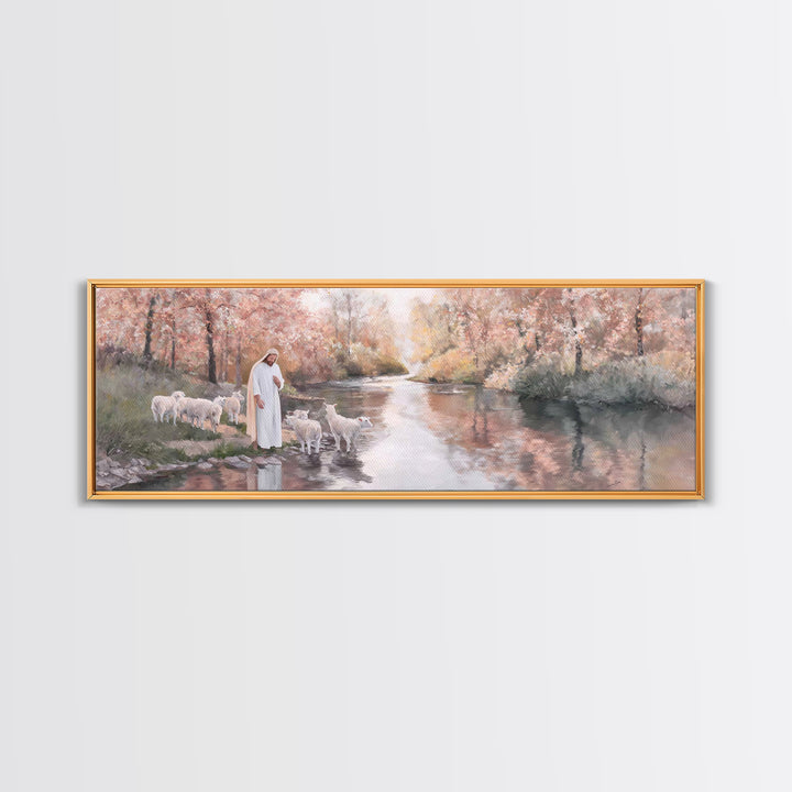 Pastoral Grace Reflections – Framed Canvas Print – Jesus Painting – Panoramic Print – Christian Wall Art – Christian Art Canvas – Christian