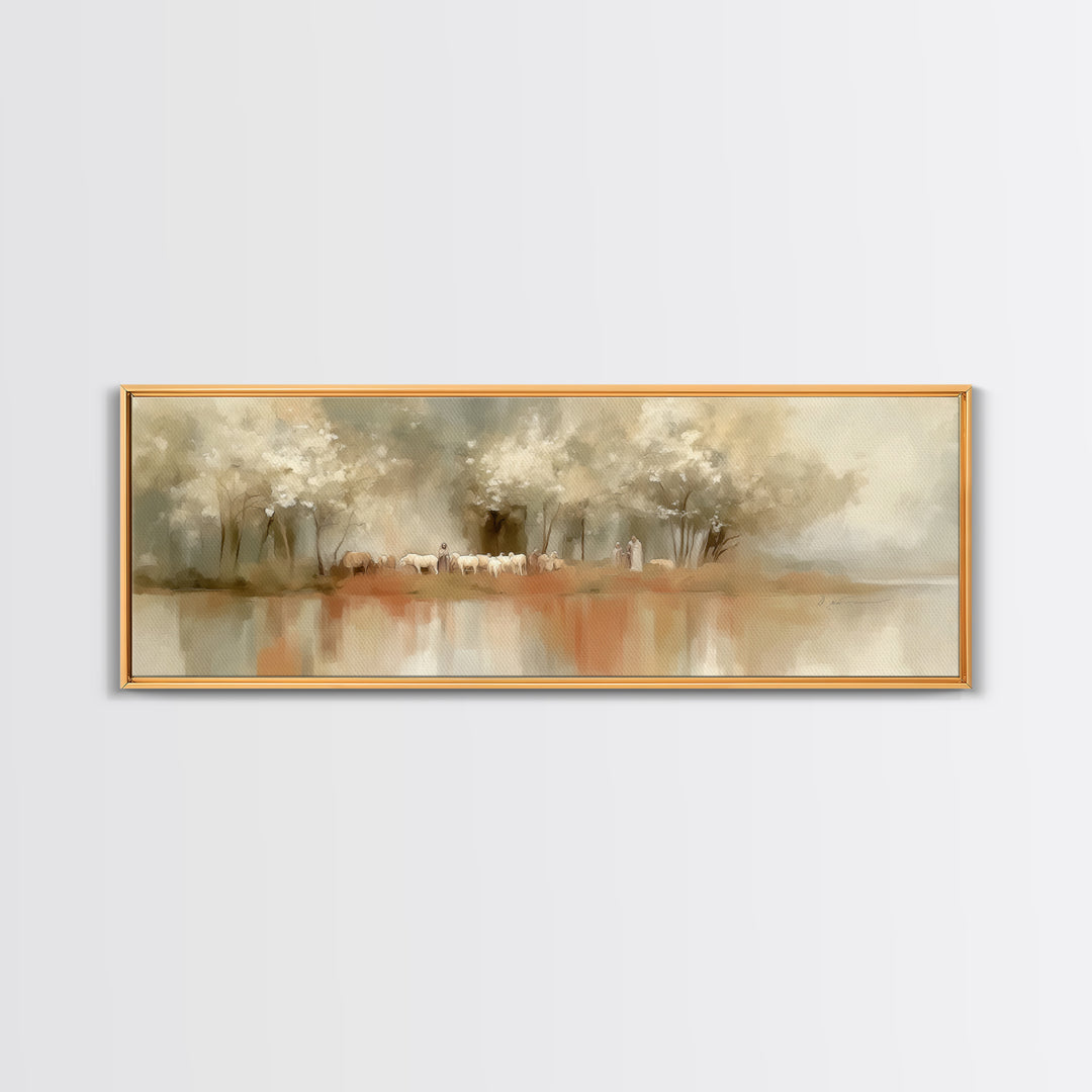 Garden Of The Shepherd, Framed Canvas Print, Jesus Painting, Christian Wall Art, Panoramic Art, Christian Art Canvas, Christian Gift Ideas