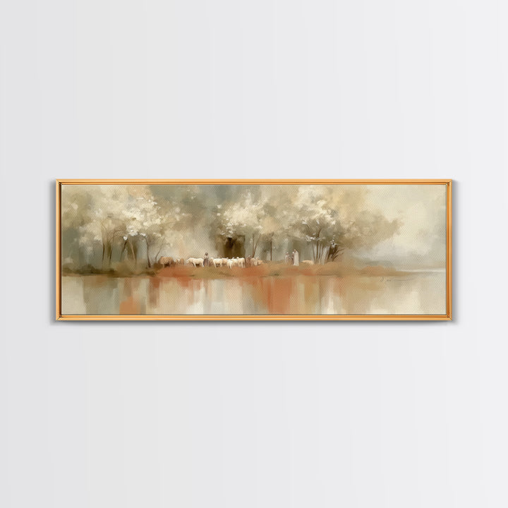 Garden Of The Shepherd, Framed Canvas Print, Jesus Painting, Christian Wall Art, Panoramic Art, Christian Art Canvas, Christian Gift Ideas