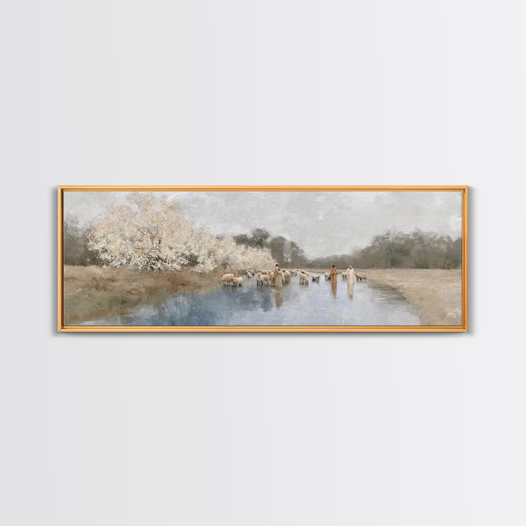 Riverside Shepherd Calm | Framed Canvas Print | Christian Art Canvas | Panoramic Wall Art | Jesus Painting | Christian Gift Ideas | Christi