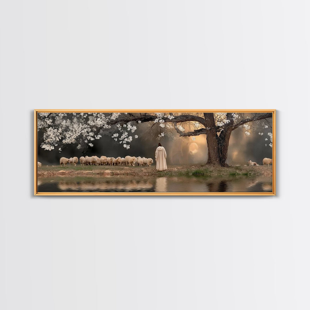 Shepherd’s Quiet Dawn, Framed Canvas Print, Christian Wall Art, Panoramic Print, Jesus Painting, Christian Art Canvas, Christian Gift Ideas